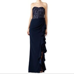 Badgley Mischka Blue Sequin Ruffle Gown